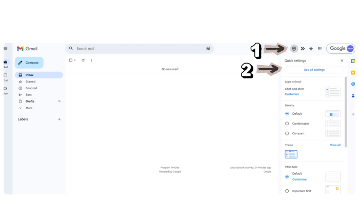 A screenshot displaying the Gmail interface with an arrow and number 1 indicates the gear icon as the first step for creating email templates by going to Settings, and another arrow with number 2 indicates the second step, which is to go to General settings.